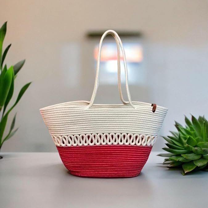 BEAUTIFUL HOMMIES Attractive Hand Bag |large Tote Bag |Summer Bag | Bucket Bag | Basket Bag | Bamboo Tote | Beach Bags for Women|Boho Bag|Handbag |Jute Bag |Handmade Bag (WHITE RED)