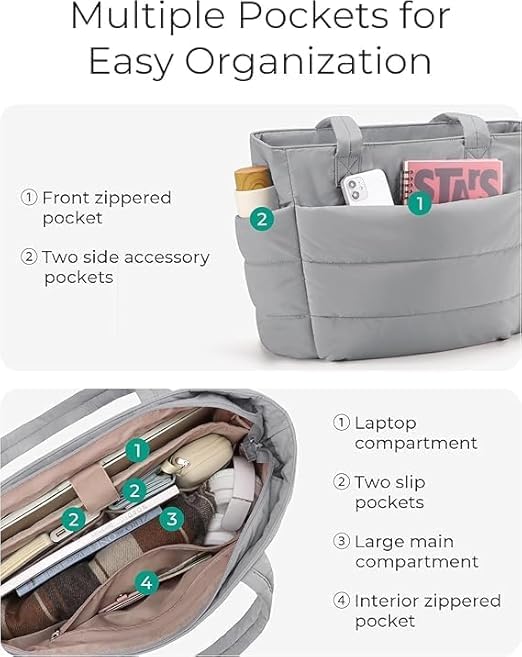COZIESS 1Pack, Stylish Women's Office Tote Bag with Multi Compartment, Lightweight Puffy Shoulder Handbag, Large Capacity College Bag with Side Pockets for Travel, Work & Daily Use - Grey