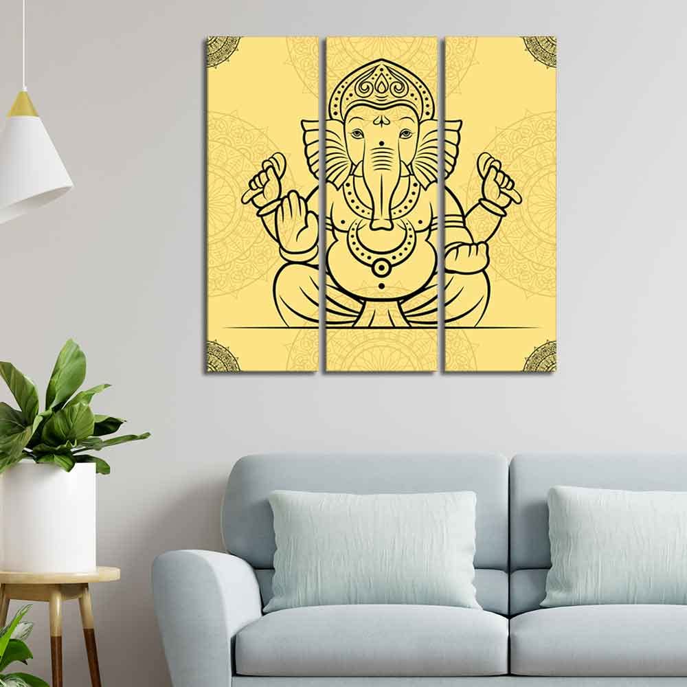 VIBECRAFTS 3 Pieces Ganesh Ji Canvas Wall Painting Fitted With Wooden Frame For Home | Office | Living Room | Gifts (PTVC3Pcs1_9580)