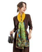 Alexvyan Satin Silk Summer Scarves 180 x 84 cm, Yellow Mountain Theme with Stitched Border, Lightweight Fashion Scarf for Women Sun Protection Stole