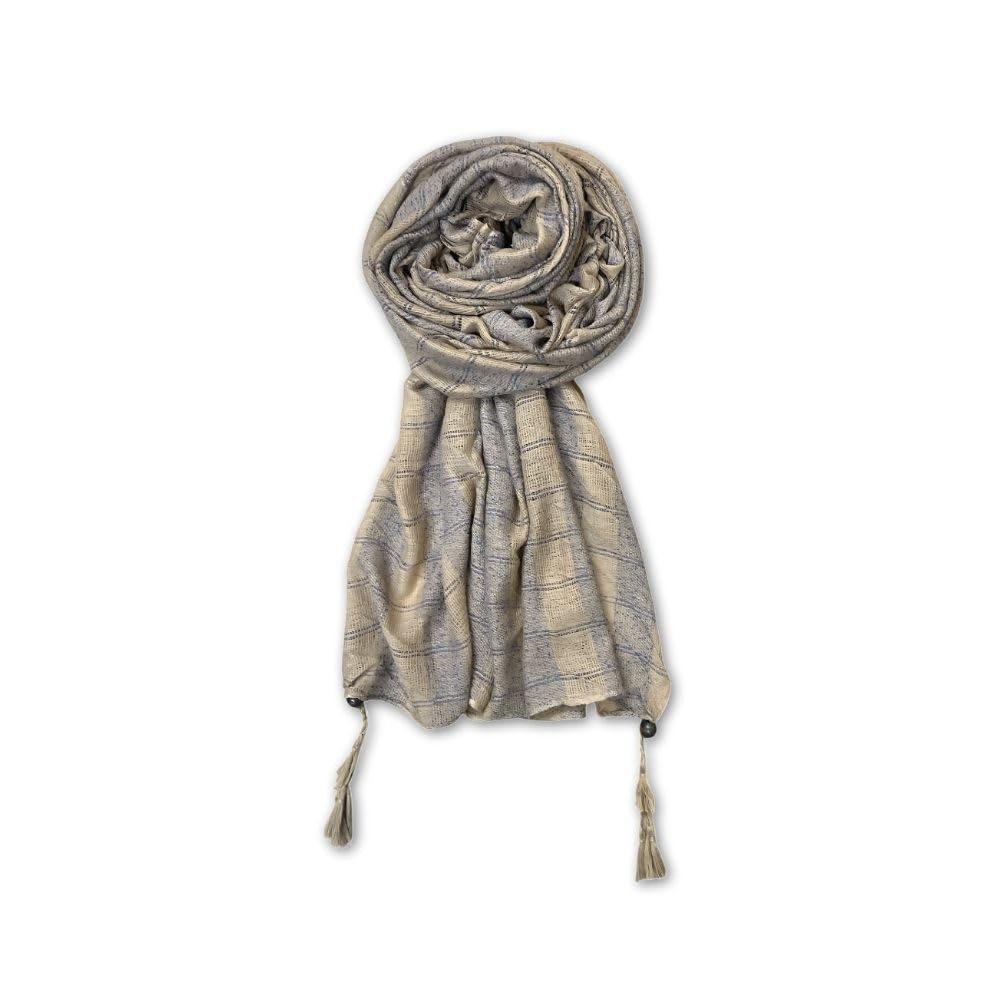 FAHABO Woven Checkered Cotton Scarf for Women with Tassels – Lightweight Hijab, Stole & Head/Neck Wrap | Size: 72 L x 32 W (Beige and Blue)