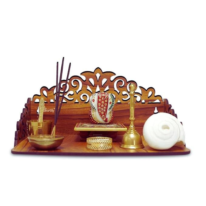 LET'S DIY Small Wooden Handcrafted Temple with Carved Side Design | Home Mandir & Set Top Box Stand for Home and Office (Pack of 1)
