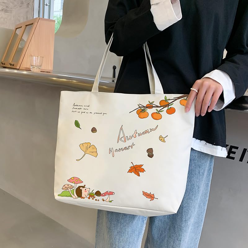 Canvas Tote Bag, Autumn Harvest Print, Large Shoulder Bag, White, Casual Style