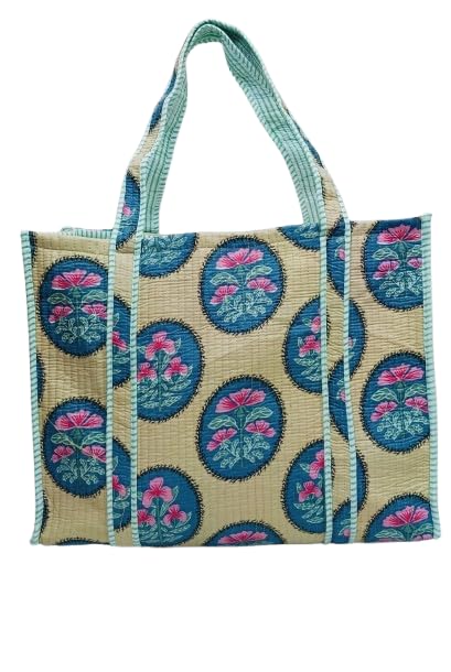 HOUSE OF GULAB Tote Bag for Women Cotton Canvas Tote Bag with Long Handle & Inside Pocket Reusable Shopping Bag Shoulder Carry Bag Eco Friendly Cloth Tote College Office Handbag (Cream & Green)