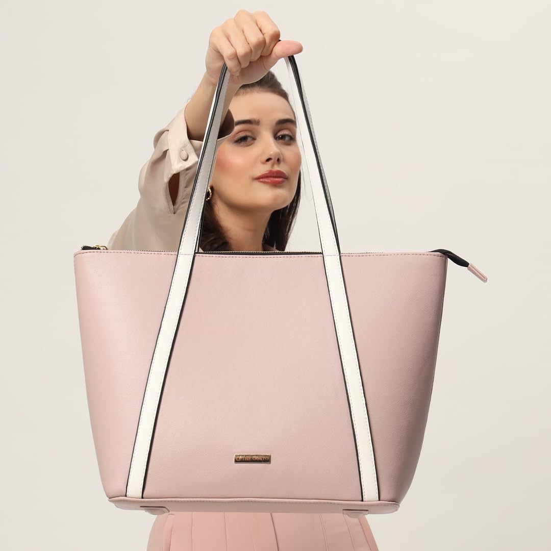 The Gusto Aza - Premium Vegan Leather Tote Bag For Women With Grained Texture|Medium Size Stylish Hand Bag/Shoulder Bag, Fits Upto 14 Laptop, Pink
