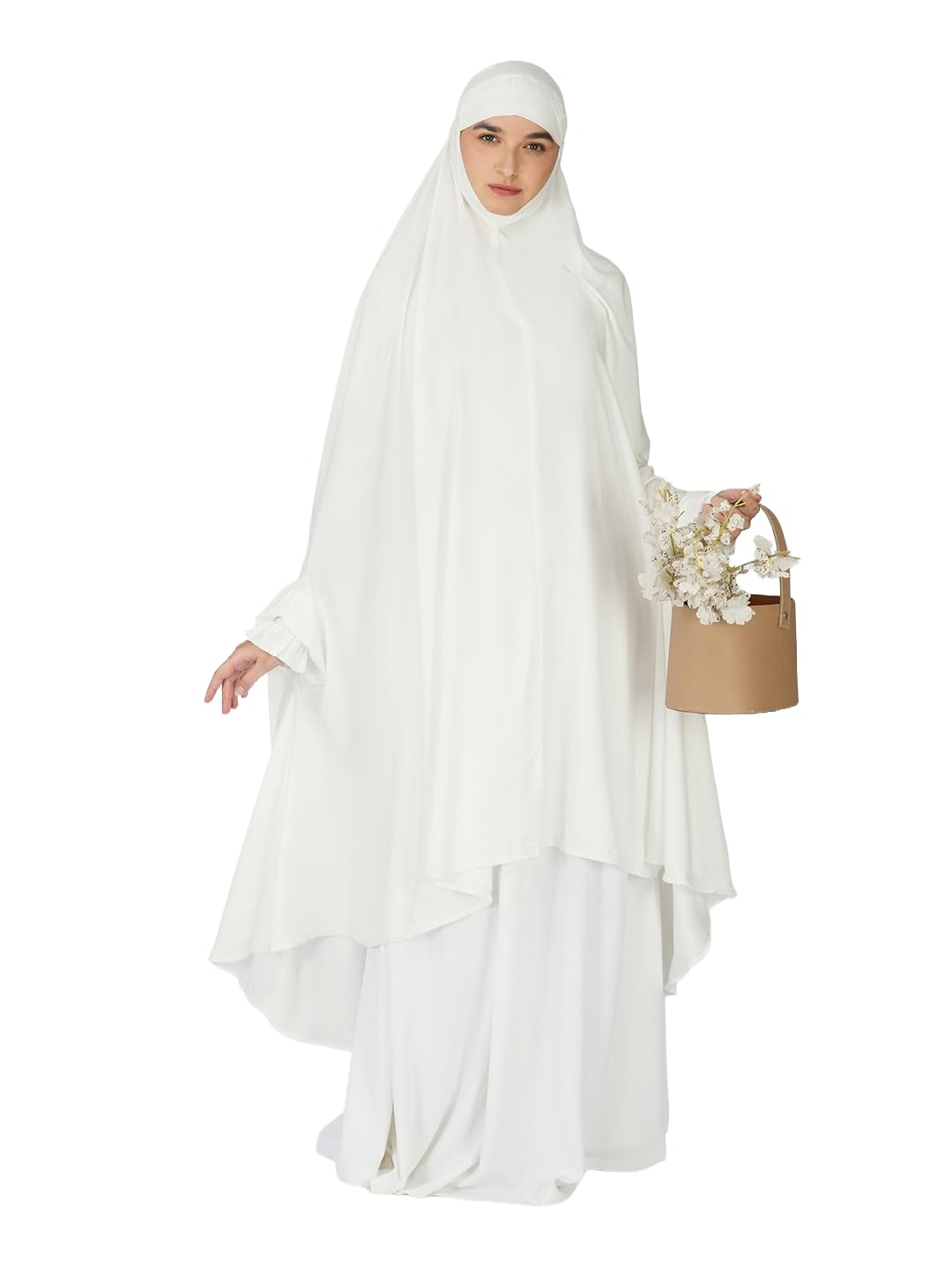 ANAApparels ANA Raha White Solid Prayer Dress – Premium Modal Namaz Makhna with Tie Knot | 50″ Front × 58″ Back | Attached Sleeves | Lightweight, Breathable, Ready to Wear for Hajj, Umrah & Salah