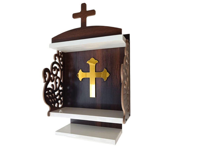 Christian Cross with Peacock, Wall Mount Golden Cross Temple, Home Mandir, Prayer Temple, God Jesus Temple, Wall Mount Mandir, White and Brown.