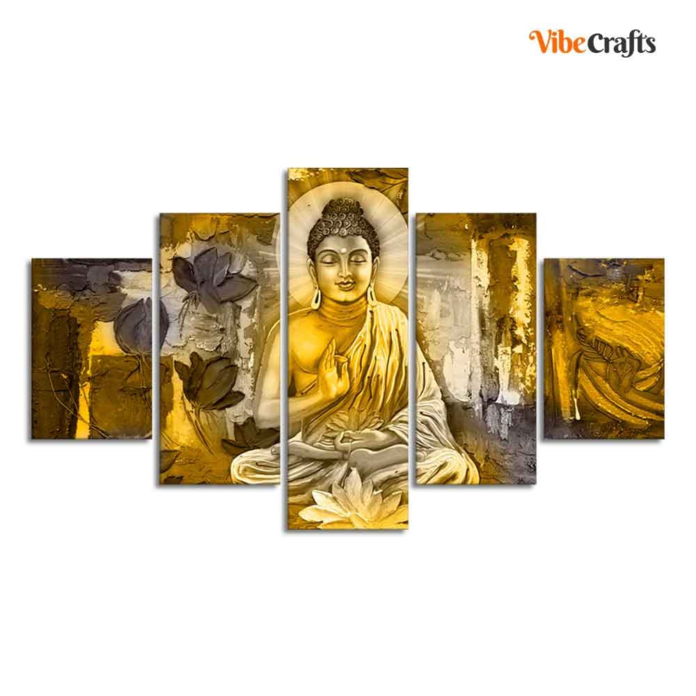 VIBECRAFTS Abstract Art Meditating Buddha Wall Painting Five Pieces For Home|Office|Living Room|Gift (PTVC5Pcs1_5518)