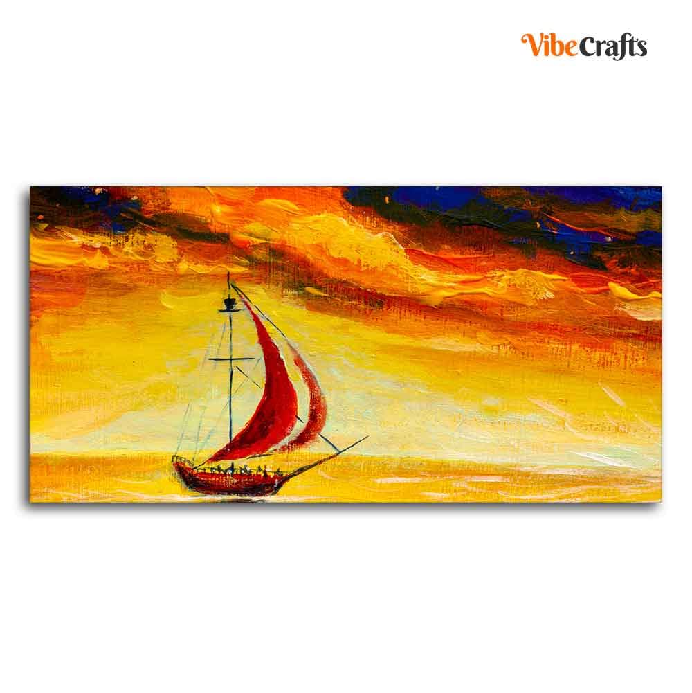 VIBECRAFTS Canvas Paintings for Living Room Drawing Room Sailing Ship with Red Sails with Yellow Sea Background Wall Painting Fitted with Wooden Frame for Home|Office|Gift(PTVCH_2276)