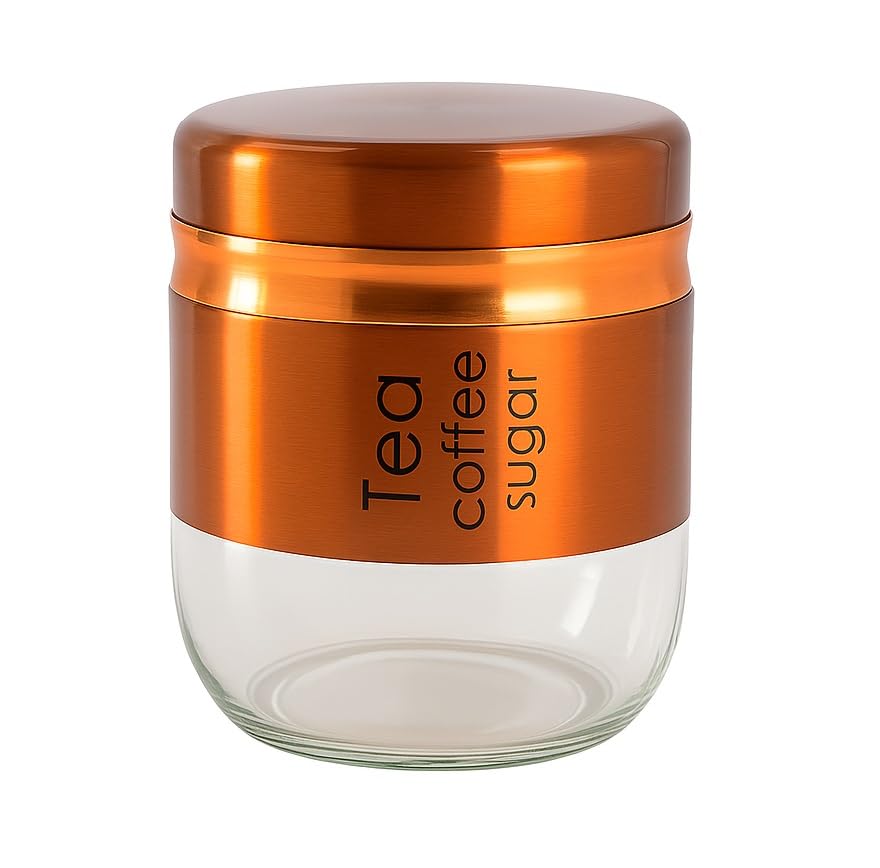 IndusBay® Pack of 1, 400ML Glass Food Storage Container with Stainless Steel Cover & Airtight Lid Kitchen Canister Set Coffee Tea Sugar Dry Fruits Cookie Glass Jar, Copper