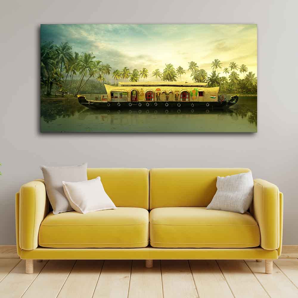 VIBECRAFTS Homcraft Canvas Paintings for Living Room Drawing Room Beautiful House Boat in Kerala Premium Wall Painting Fitted with Wooden Frame for Home|Office|Gift(PTVCH_2279)