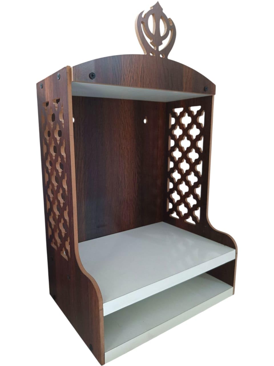 Premium Sikh Khanda Temple, Wooden Wall Mount Sikh Guru Mandir, Wall Hanging and Table Top Temple, Brown & White