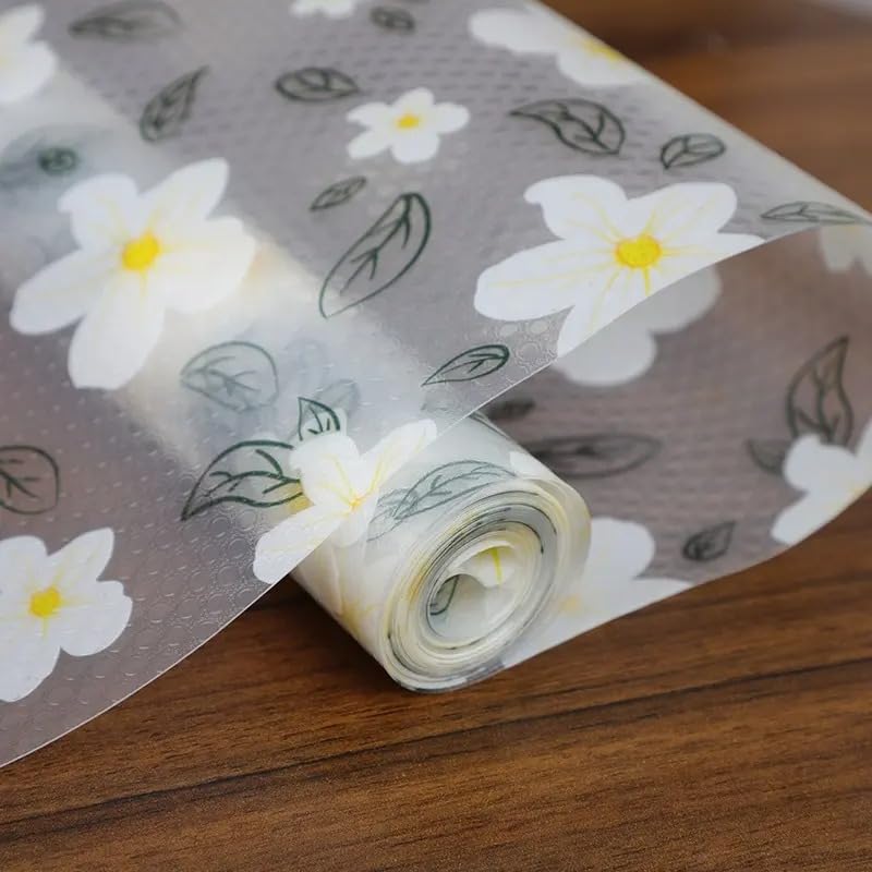 ElastPro (45 cm X 3 m) Printed Shelf Liners for Kitchen Shelves, Drawer Mat, Shelf Liner, Fridge Mats, Kitchen Cabinet Drawer Mat Liner Sheets (White Flower and Black Leaf Printed) Kafalo