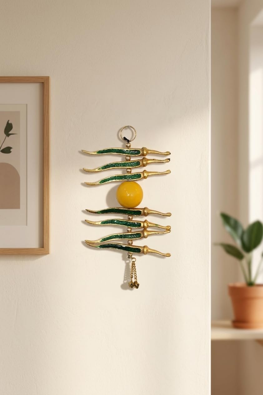 KridayKraft Gold Plated Nimbu Mirchi Hanging for Nazar Suraksha, Evil Eye Protection Decor for Home, Office, Multicolour Decorative Wall Hanging.