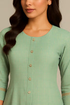 NOOR APPAREL Subtle Golden Geometric Block Print Kurta for Women Color-Pastel Aqua Green- S