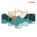 VIBECRAFTS Homcraft Gold Mountain Landscape Line Art With Sunrise Background 5 Pieces Premium Wall Painting For Home|Office|Living Room|Gift (PTVC5Pcs1_5504)