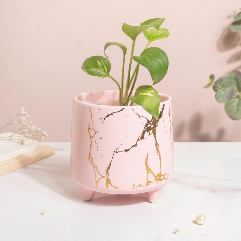 Halcyon Gold Pink Marble Ceramic Planter With Legs Large Nestasia