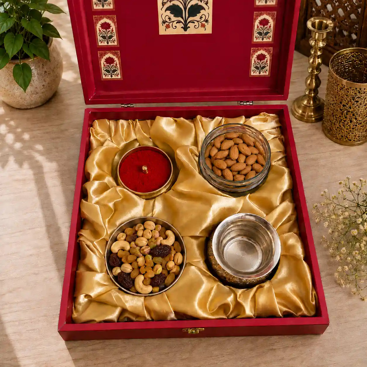 Brass Pooja Kalash Kumkum Box and Bowl Gift Hamper Vedansh Craft