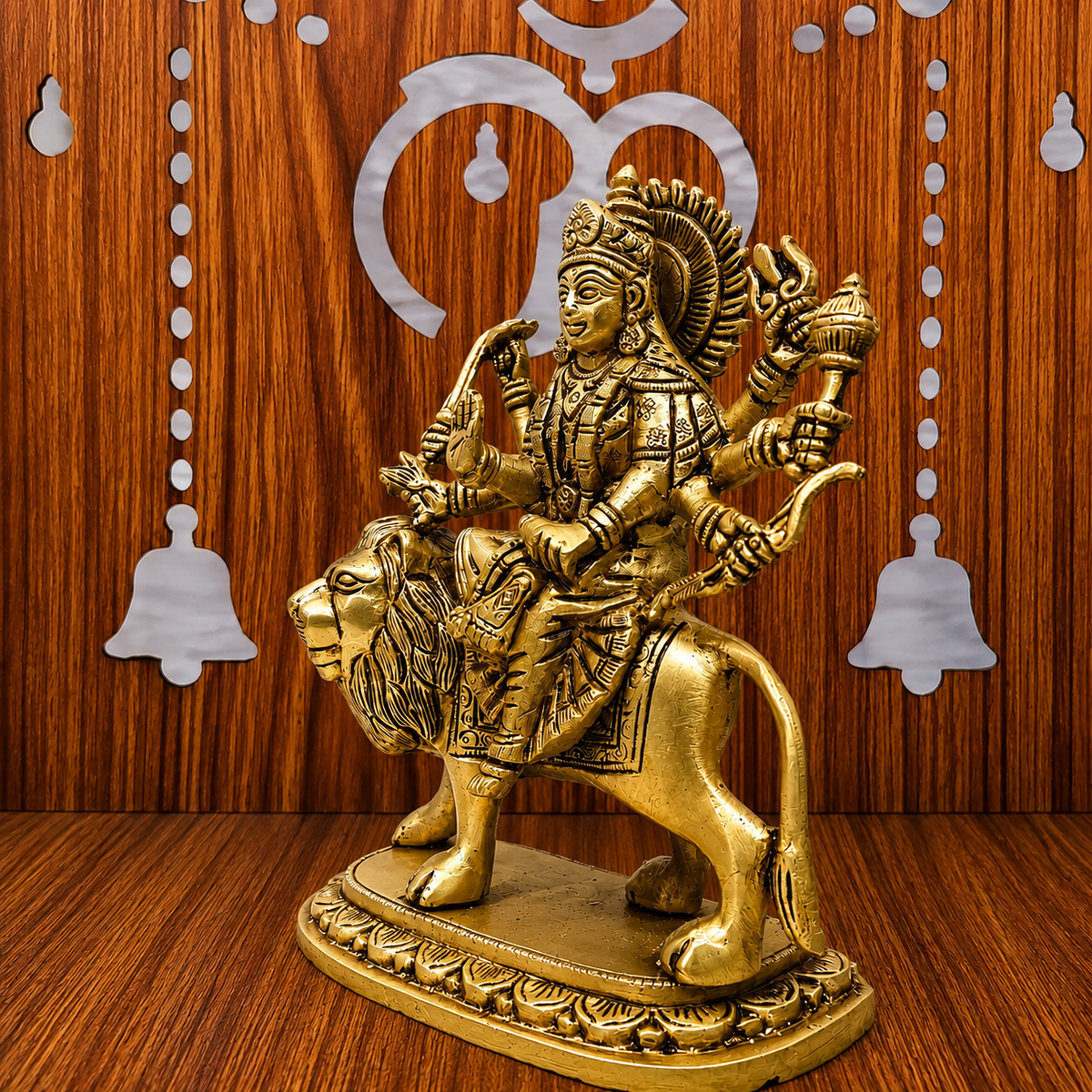 Brass Goddess Durga Sitting on Lion Statue (8.5 Inch) Vedansh Craft