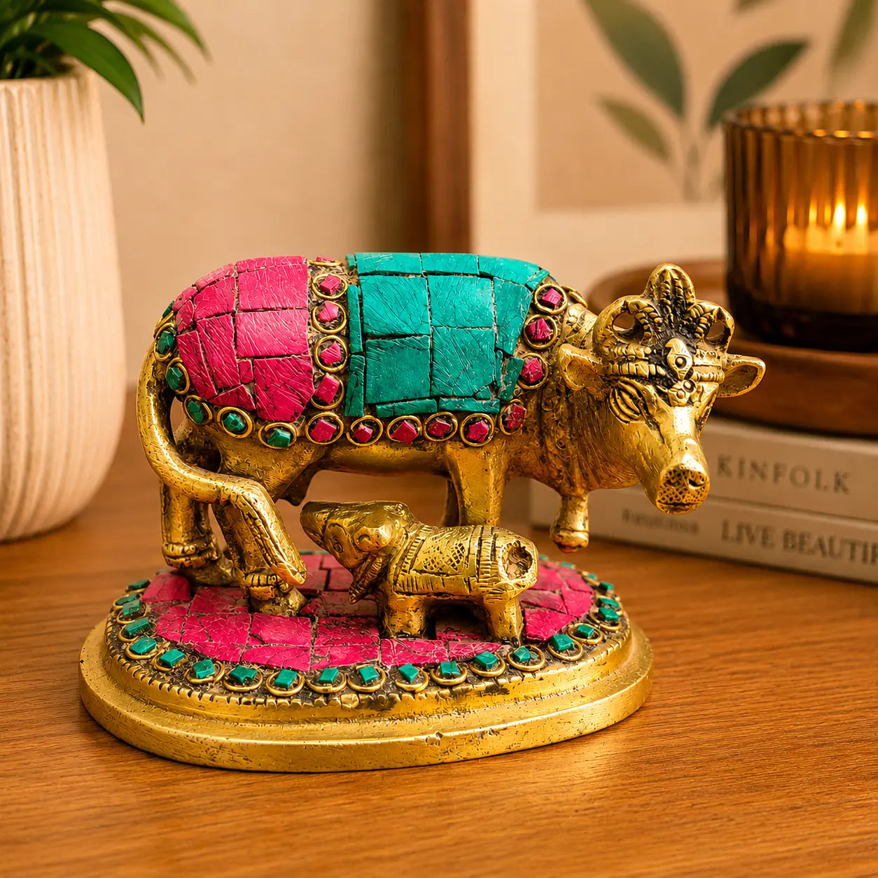 Brass Stone Work Kamdhenu Cow Idol (2.5 Inch) Vedansh Craft