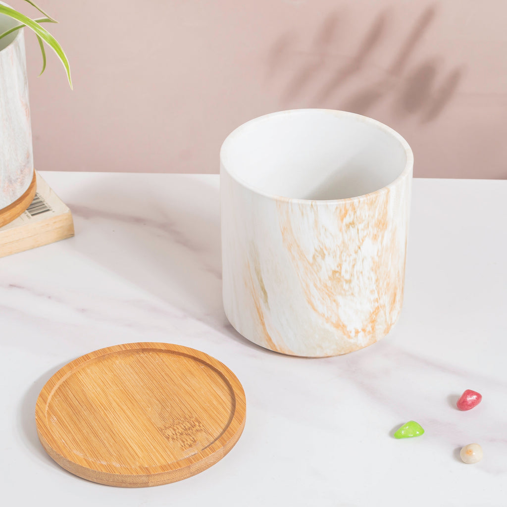 Carrara Brown Splash White Planter With Wooden Coaster Nestasia