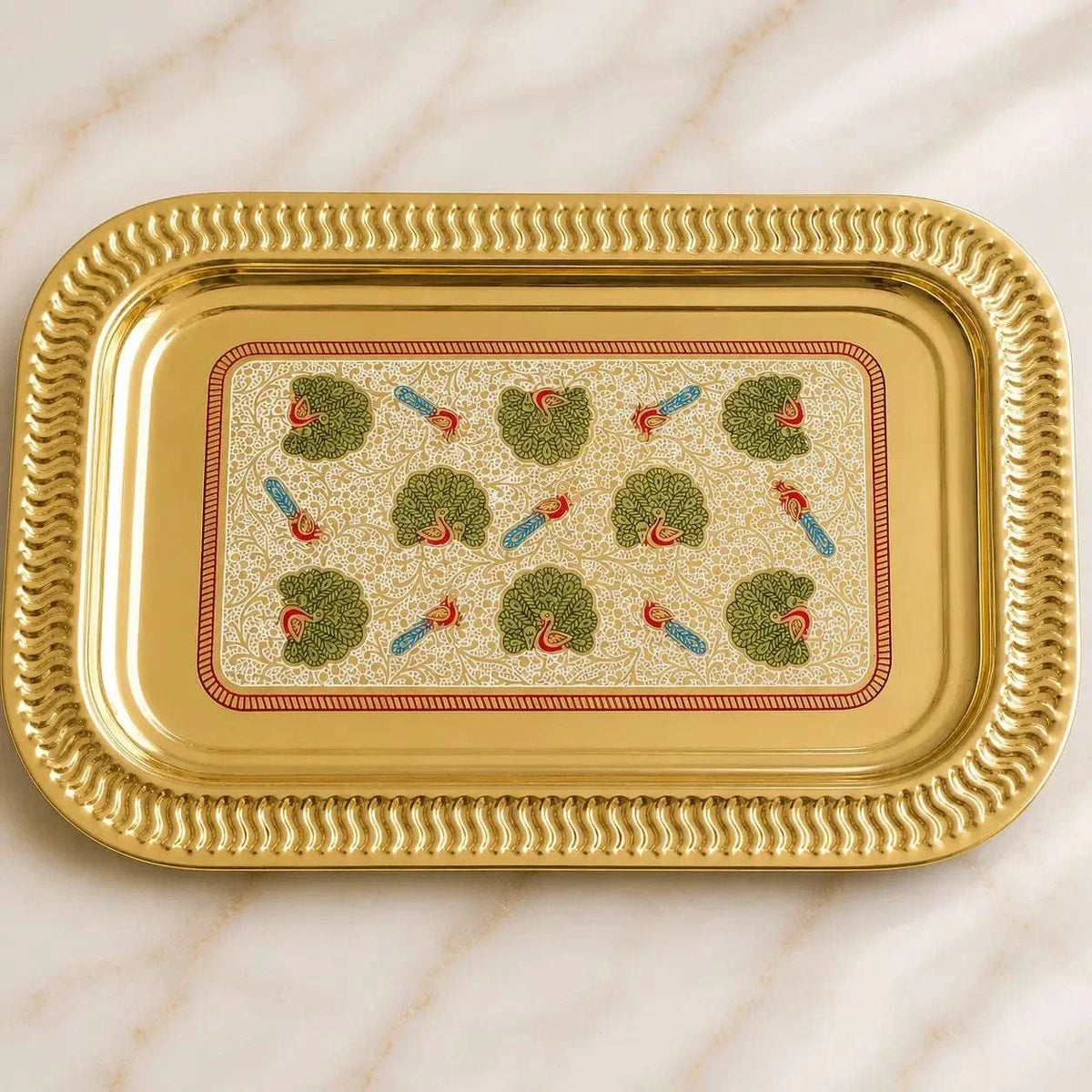 Brass Hand Painted Peacock Serving Tray / Platter Vedansh Craft