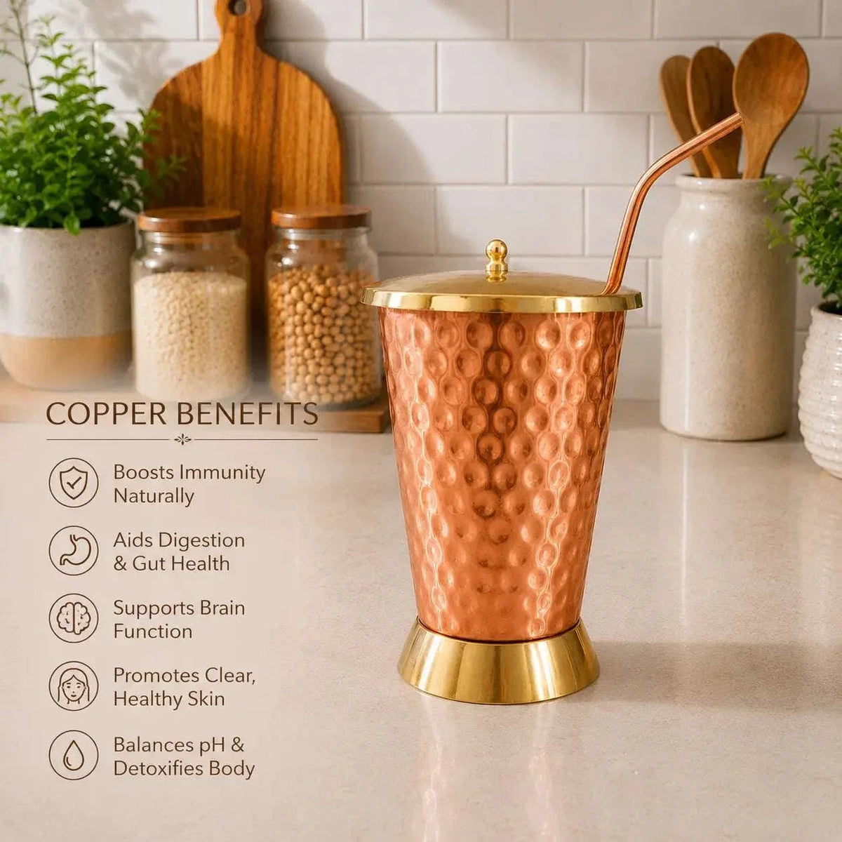 Copper Hammered Glass / Tumbler With Lid And Straw (6 Inch) Vedansh Craft