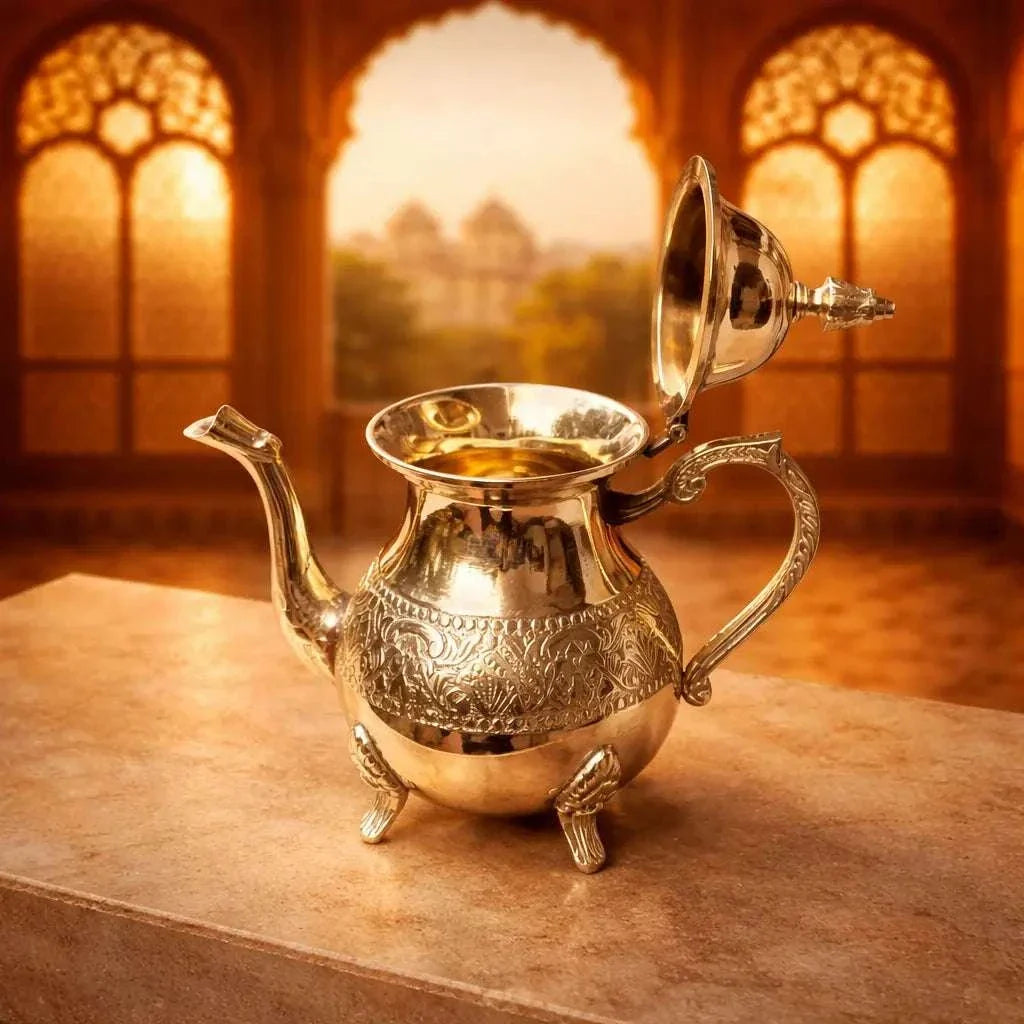 Brass Leaf Design Mughlai Tea Pot with Lid Vedansh Craft