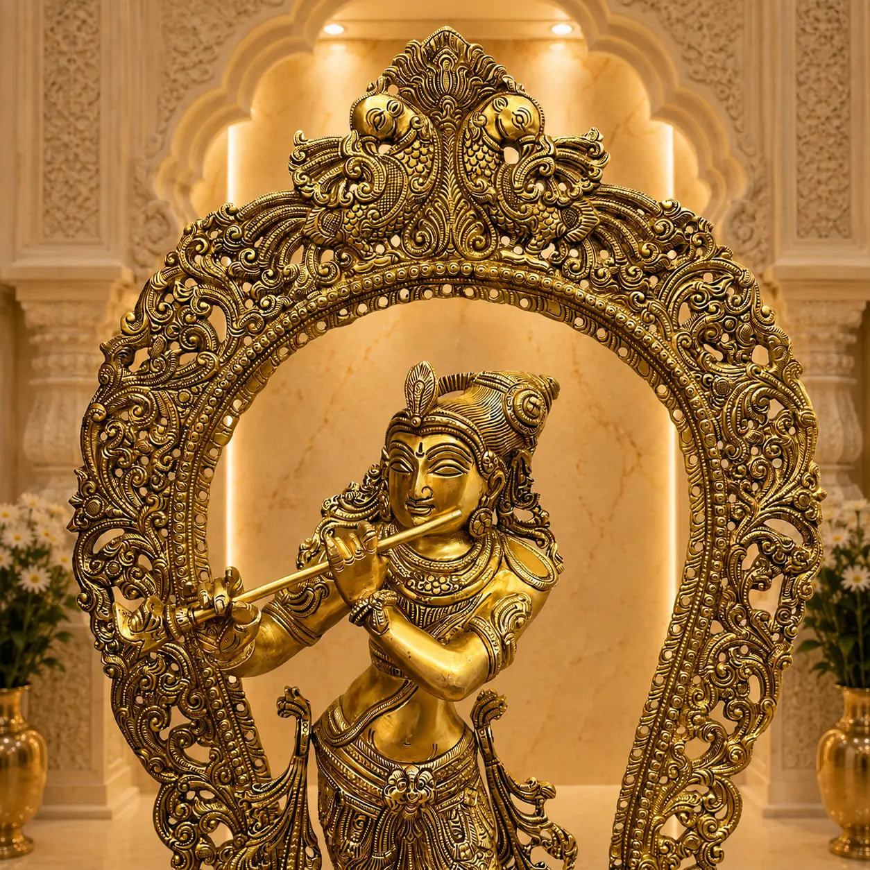 Brass Standing Krishna Idol On Throne / Singhasan (31 Inch) Vedansh Craft