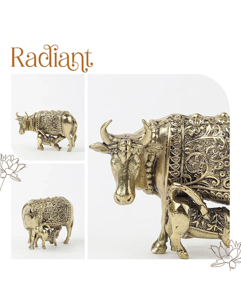 Pure Brass Kamdhenu Cow with Calf Idol for Home Temple and Pooja Room