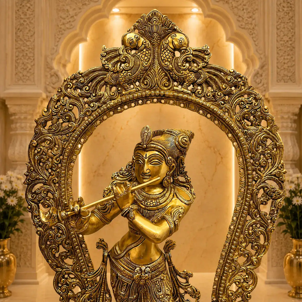 Brass Standing Krishna Idol On Throne / Singhasan (31 Inch) Vedansh Craft