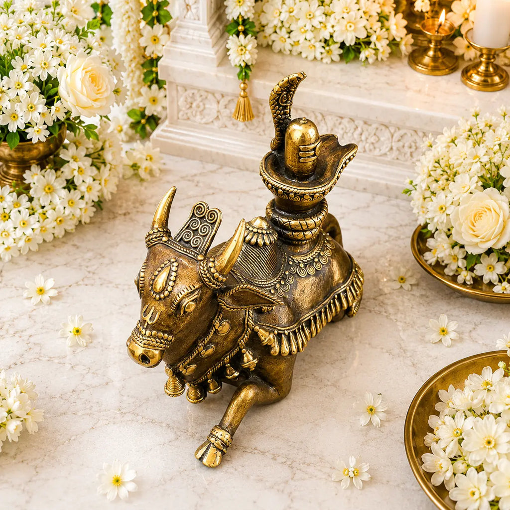 Brass Handcrafted Dhokra Sitting Nandi Idol on Shivling (7 Inch) Vedansh Craft