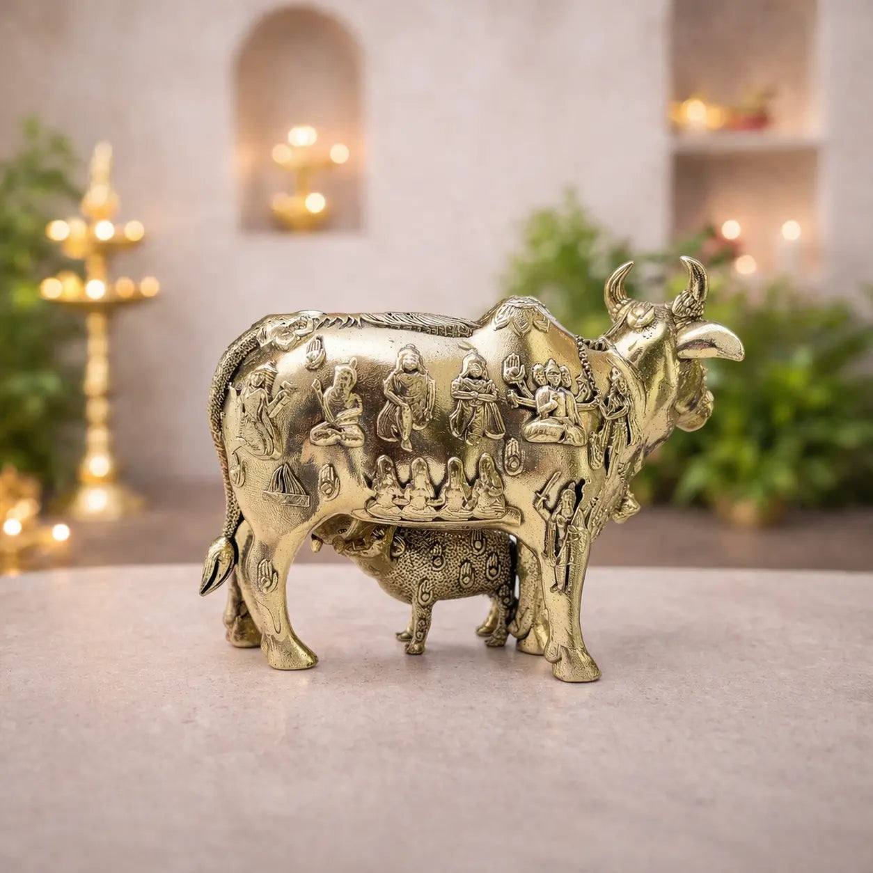 Brass Lightweight Kamdhenu Cow With Calf Idol (4 Inch) Vedansh Craft
