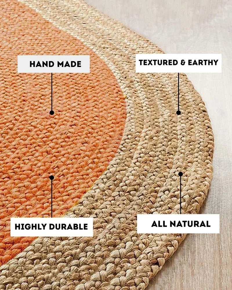 Handcrafted Natural Yellow Round Jute Carpet For Dining Space