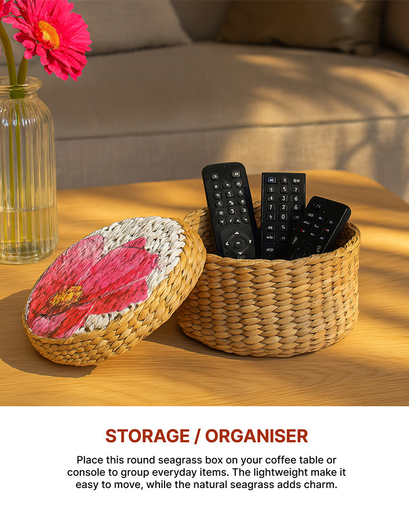 Stylish Seagrass Storage Box with Lid for Wardrobe, Desk & Home Use
