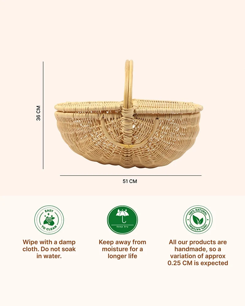 Handcrafted Cane Picnic Basket with Lid for Outdoor and Travel Use