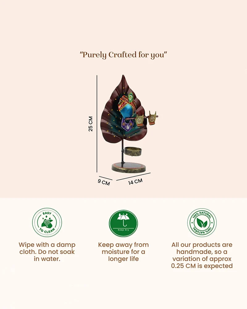 Handcrafted Metal Peepal Leaf Krishna Tealight Holder Showpiece