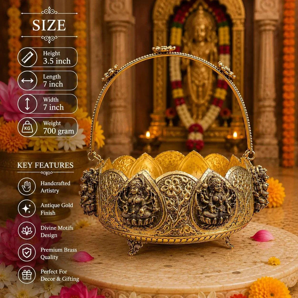 Brass Ashtalakshmi Basket With Handle And Leg (3.5 Inch) Vedansh Craft