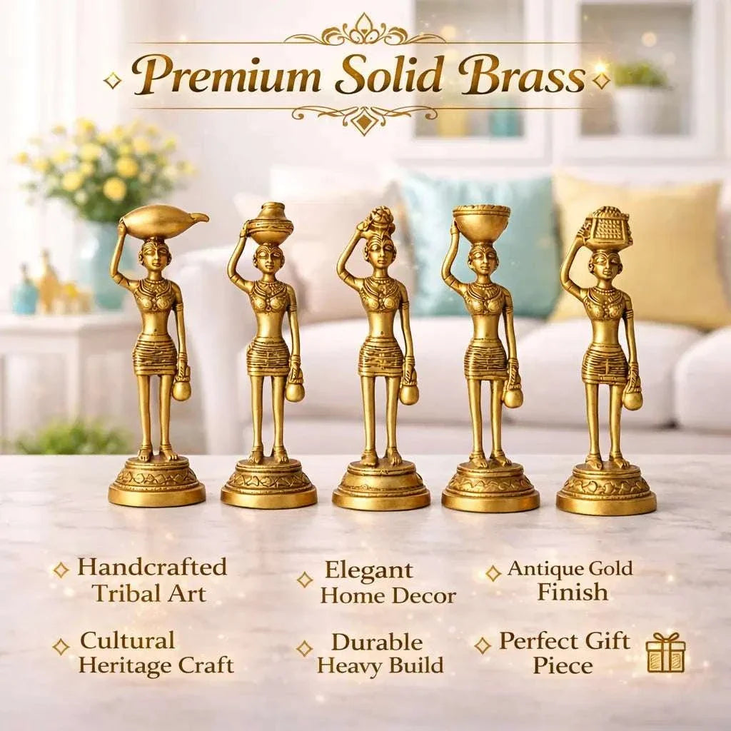 Brass Tribal Lady Statue Decor Set Of Five  (7.5 Inch) Vedansh Craft