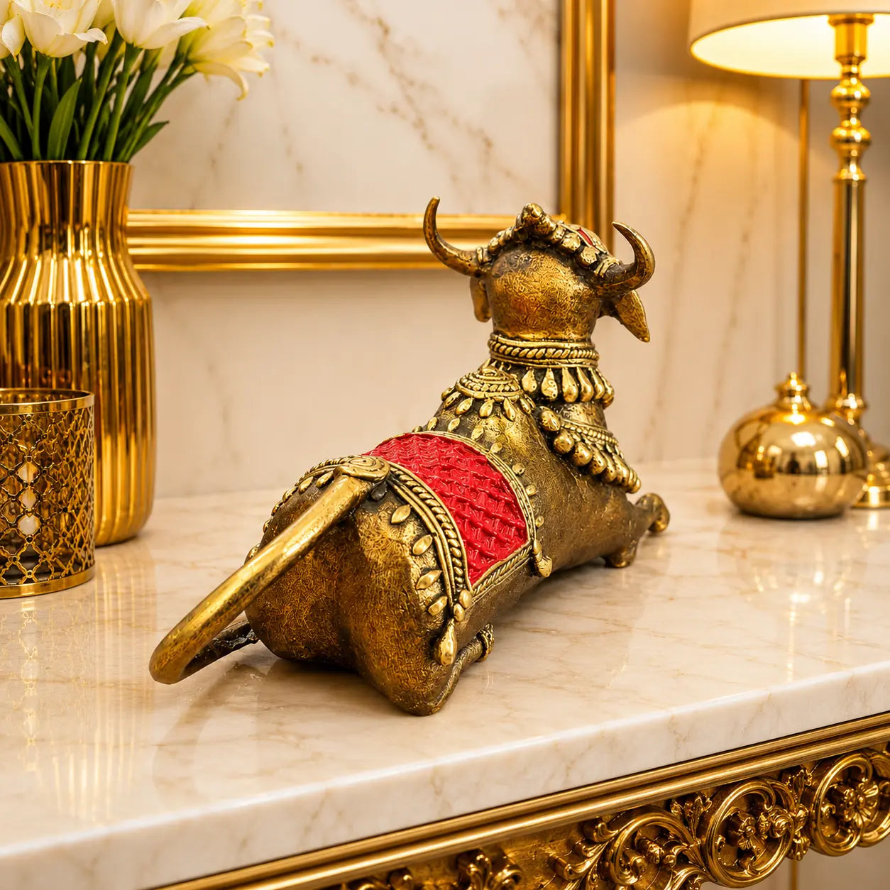Brass Handcrafted Dhokra Sitting Nandi Idol (4.5 Inch) Vedansh Craft