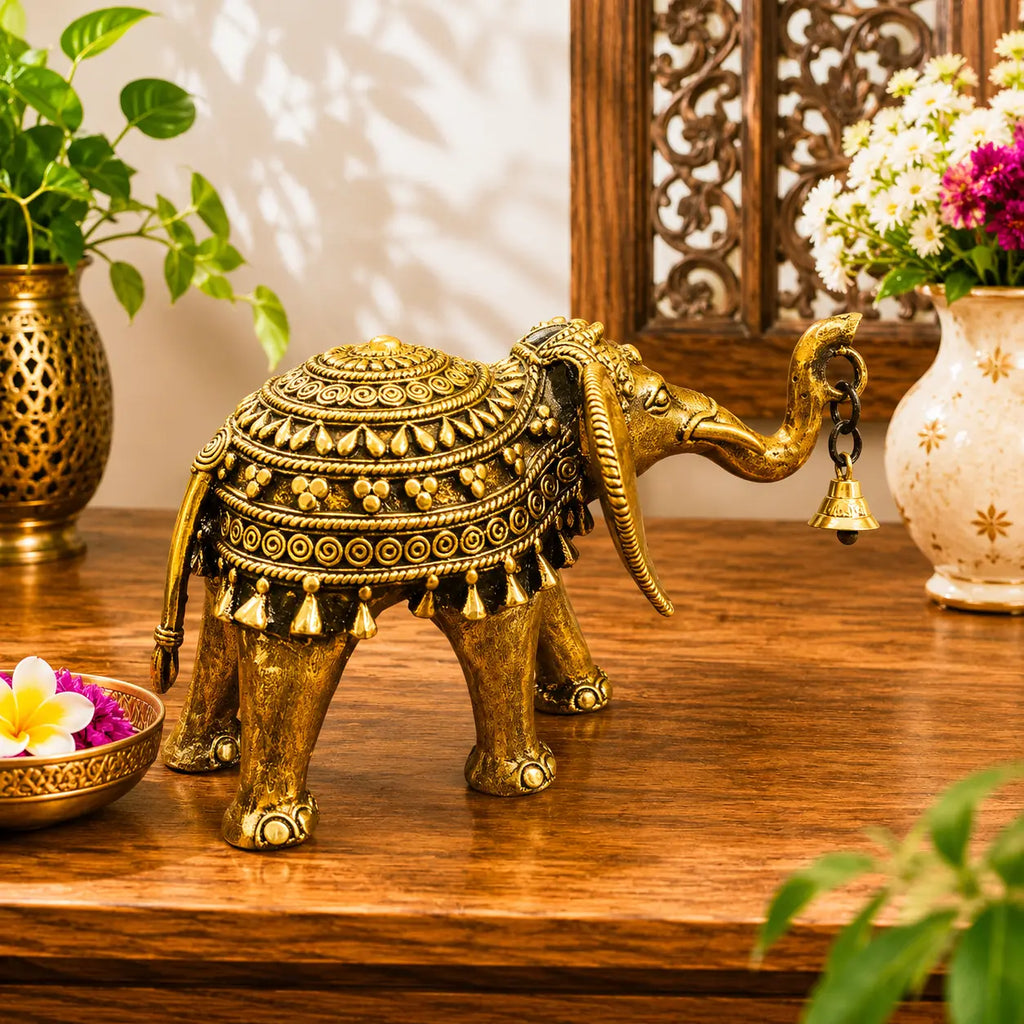 Brass Handcrafted Dhokra Elephant Statue With Bell (5.5 Inch) Vedansh Craft