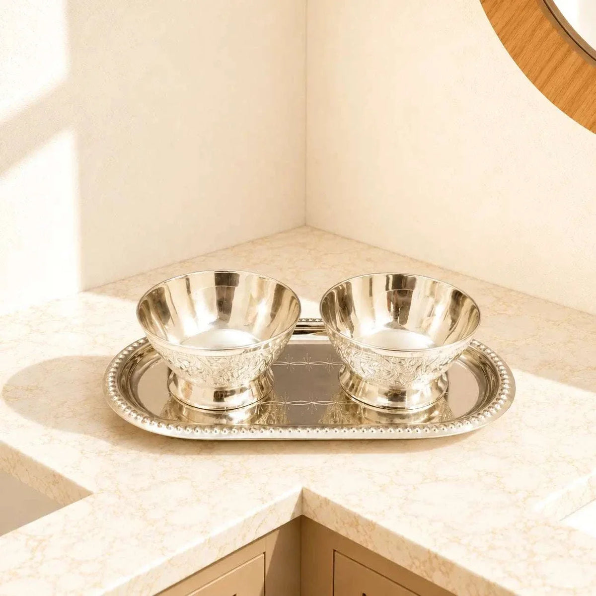 Brass Silver Plated Twin Bowl Set with Lids And Tray (3 Inch) Vedansh Craft