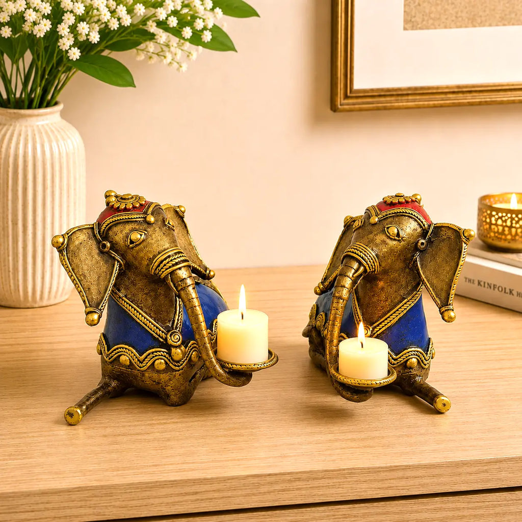 Brass Dhokra Sitting Elephant Statue Set With Candle Holder (5 Inch) Vedansh Craft