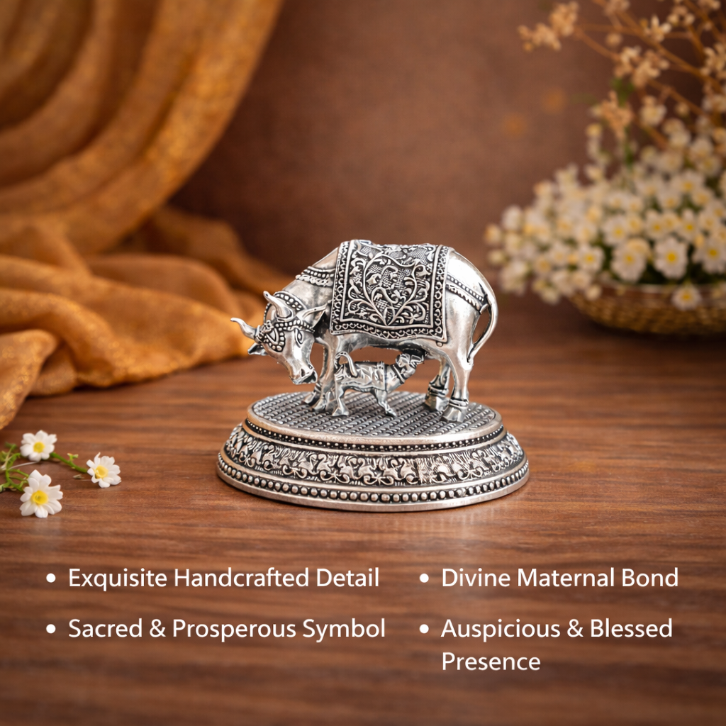 Brass Silver Plated Kamdhenu Cow With Calf Lightweight Idol (2 Inch) Vedansh Craft