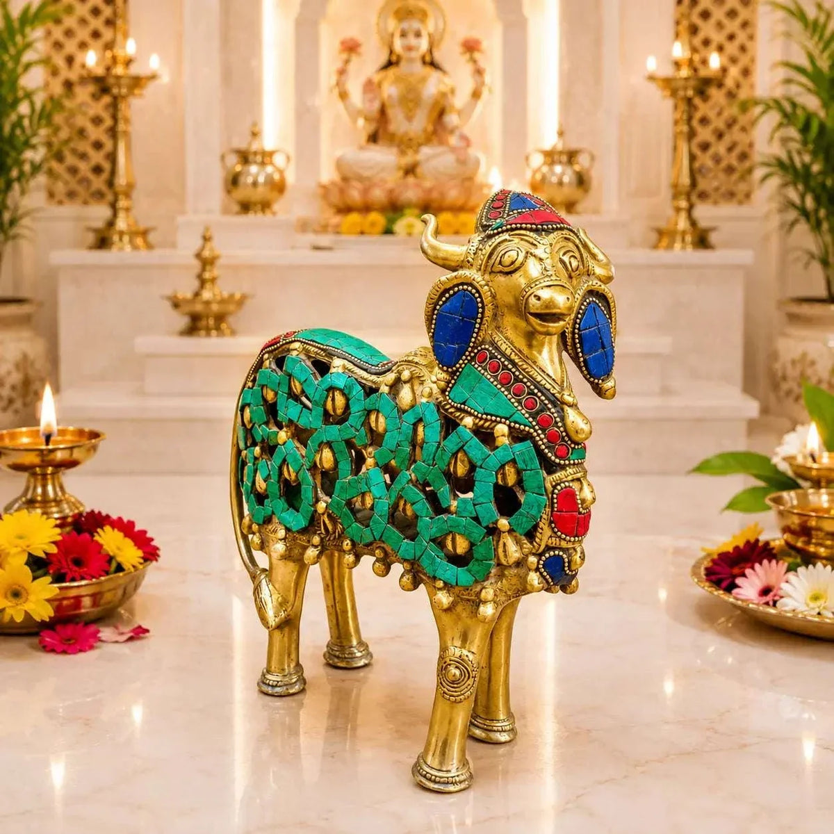 Brass Stone Work Standing Cow Idol Vedansh Craft