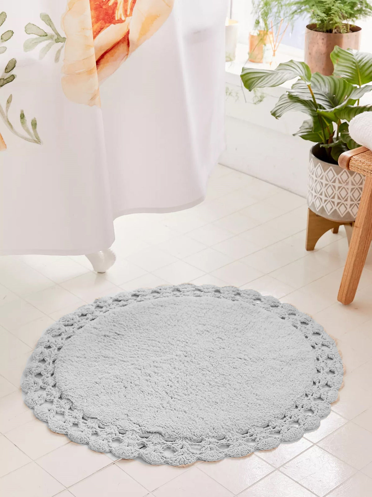 Soft Beige Handloom Cotton Round Bath Mat For Home