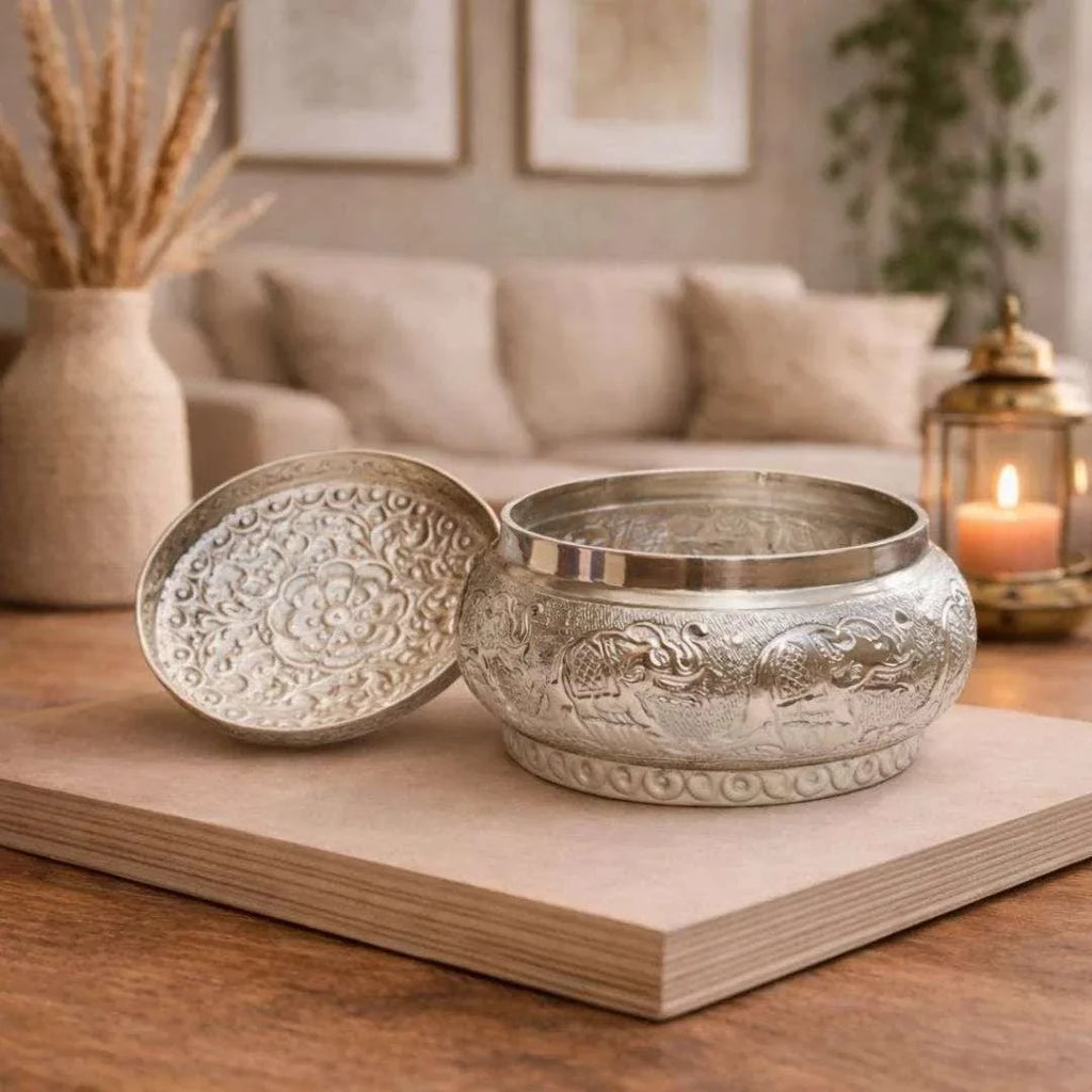 German Silver Storage Container/Supari Box With Lid (3.5 Inch) Vedansh Craft
