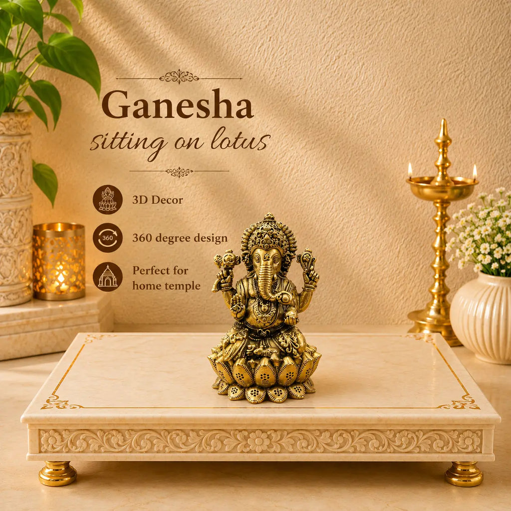 Brass Lightweight Sitting On Louts Ganesha Idol (3.5 Inch) Vedansh Craft