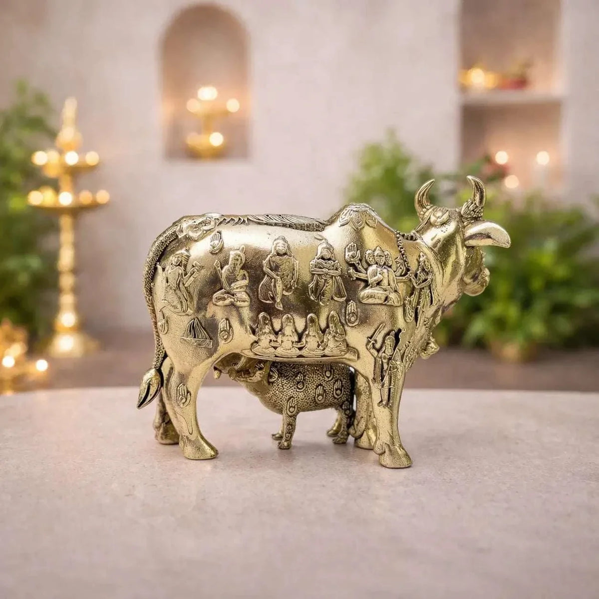 Brass Lightweight Kamdhenu Cow With Calf Idol (4 Inch) Vedansh Craft
