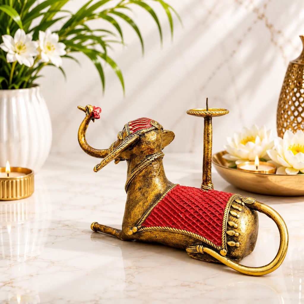 Brass Dhokra Sitting Elephant Statue With Candle Holder (5 Inch) Vedansh Craft